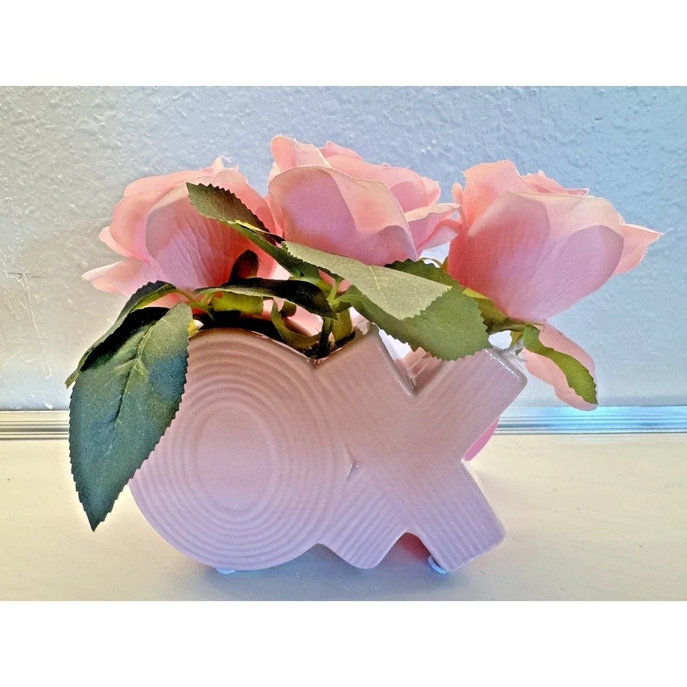 Valentine's XO Ceramic Vase with artificial pink roses